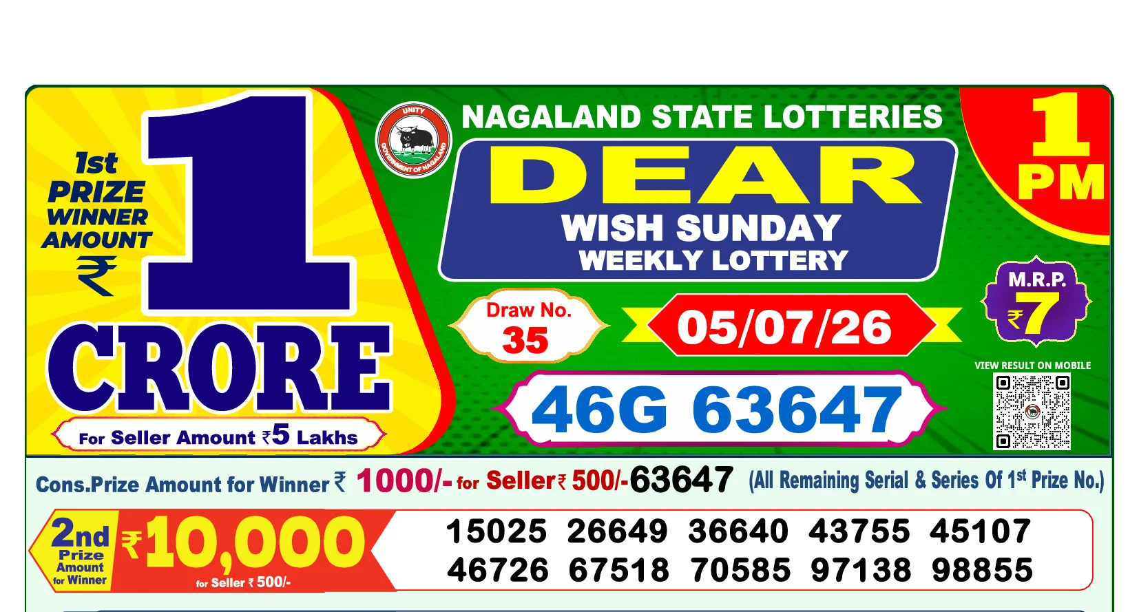 Lottery Sambad Website 1 PM Result 05 July 2026 — First Prize 46G 63647